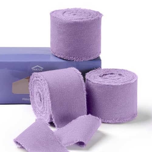 FAKILO Natural Rustic Cotton Ribbon with Frayed Edge, Purple 100% Cotton Ribbon 1.5" x 18yds for Vintage Wedding Bouquets,Invitations,Gift Wrapping,DIY Crafts,Home Decor