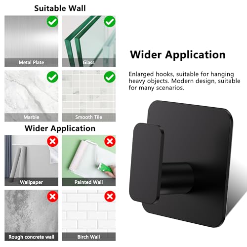 Aikzik Large Self Adhesive Hooks 4 Pack, Over 10kg Load - Stick on Hooks Heavy Duty Stainless Steel, Strong Sticky for Hanging Towel, Coat, Robe, Tea Towel Holder for Door or on Wall - Black - Image 6