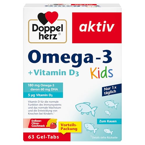 Doppelherz Omega-3 + D3 Kids - Vitamin D wird für ein gesundes Wachstum & eine gesunde Entwicklung der Knochen bei Kindern benötigt - 63 Gel-Tabs 1