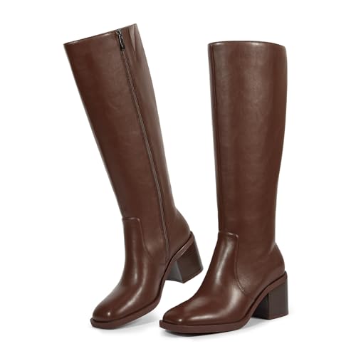 ISNOM Chunky Low Heel Knee High Boots Women Long Tall Square Toe Boots Faux Leather Comfortable Boot With Side Zipper for Regular Calf2