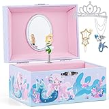 Mermaid Musical Jewelry Storage Box with Spinning Mermaid Theme, Girls Jewelry Box with Jewelry Set, Music Box for Little Girls Daughter Granddaughter, Over The Waves Tune
