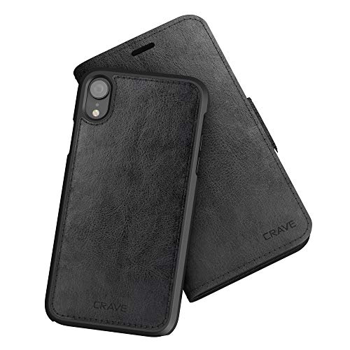 iPhone XR Leather Wallet Case, Crave Vegan Leather Guard Removable Case for Apple iPhone XR (6.1 Inch) - Black