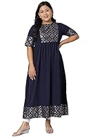 XL LOVE - By Janasya Women's Plus Size Dark Blue Poly Crepe Foil Print Flared Kurta(PJNE3363-KR-N-5XL)