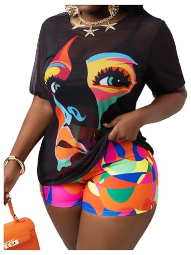 Women's 3 Piece Plus Size Swimsuit Tankini Shorts Set High Waisted Bathing Suit Graphic Beachwear with Mesh Cover Up