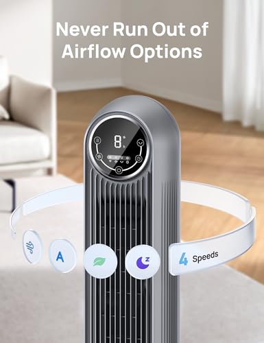 Image of DREO Tower Fan for Bedroom, 25ft /s Velocity Quiet Floor Fan, 90 Oscillating Fans for Indoors with 4 Speeds, 4 Modes, 8H Timer, Bladeless Fan, Standing Fans, Grey, Nomad One (DR-HTF007)