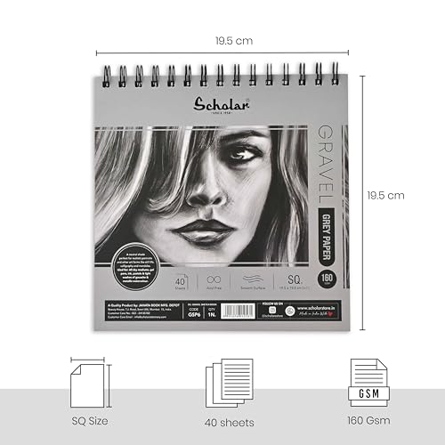 Image of Scholar Gravel Sketch Pad - 160 GSM Grey Toned Drawing Paper | Premium Artist Sketch Pad for Shading, Highlights, Pencil, Charcoal, Pastel & Figure Drawing Practice (Square)