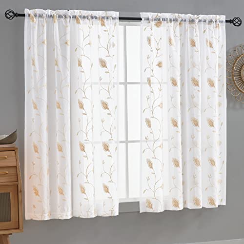 Image of Sheer Curtains Beige 45 Inch Length,Floral Embroidered Rod Pocket Voile Drapes for Living room, Bedroom, Window Treatments Semi Curtain Panels for Yard, Patio, Villa, Parlor, Set of 2, 52 inchx 45 inch.