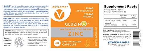 Gluzinc Immune Power Combo Of 25Mg Pharmaceutical Grade Zinc Plus 270Mg Vitamin C (60 Vegetarian Capsules) #TOP3
