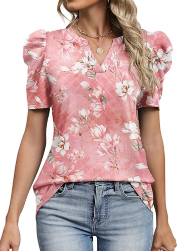 Image of LOMON Spring Summer Tops for Women 2026 V Neck Puff Short Sleeve Tops Fashion Trendy Work Blouses Dressy Casual S-XXL