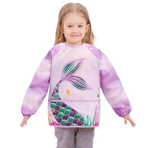 WERNNSAI Bata Infantil Sirena - Bata Artística Infantil para Niñas Edades 3-8 Batas de Artista de Pintura de Sirena Batas Impermeables para Niños Pequeños con Manga Larga Y 3 Bolsillos