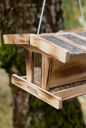 Kerbl Hobbyfarming Vogelfutterhaus, Aus Holz, Mit Glassichtfenster, Wetterfestem Dach, Robuste Kordel zur Aufhängung, Für Wildvögel, Witterungsbeständig