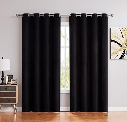 Faux Suede Window Curtain Panels 84 Inch Long With Grommet Top Solid Window Treatment Set Room Darkening Drapes For Bedroom/ Living Room (2 Panels, Black, 55"X84"X2) #TOP24