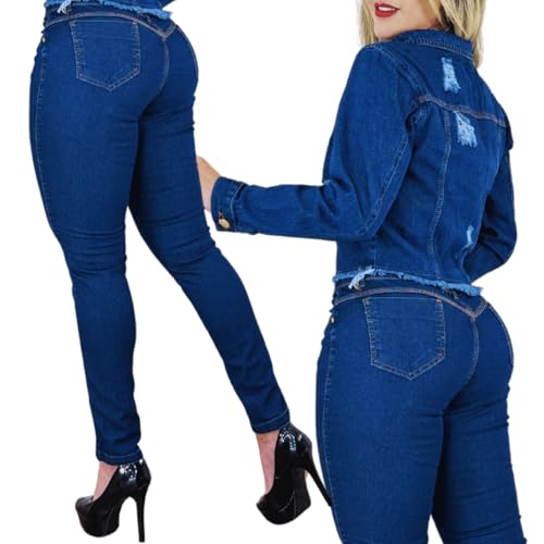 Conjunto Feminino Jeans Jaqueta Detonada e Calça Jeans Azul (100, Jeans, 44)
