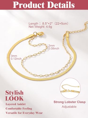Image of FOCALOOK 14K Gold Plated Anklets for Women Waterproof Plus Size Ankle Bracelet 8.5-10.5 Inch Adjustable Mariner /Figaro /Flat Snake /Cuban Link Chain Anklet Jewelry for Summer Beach Holiday