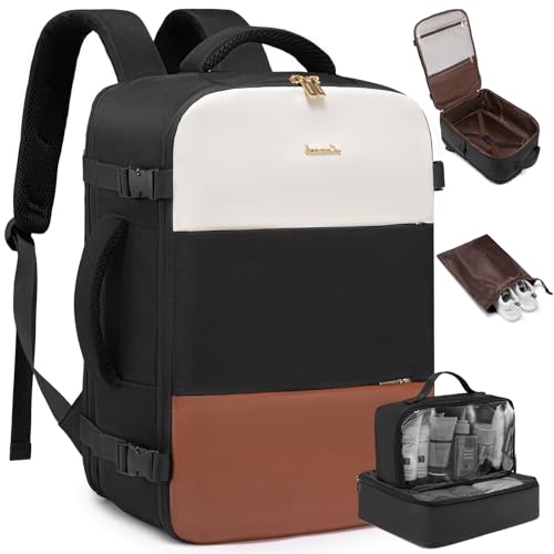 LOVEVOOK Travel Backpack for Women,40L Carry On Backpack Flight Approved with 3 Packing Cubes,TSA Personal Item Travel Bag Fits 17.3” Laptop,Weekender Hiking Business Luggage Daypack Beige Black Brown
