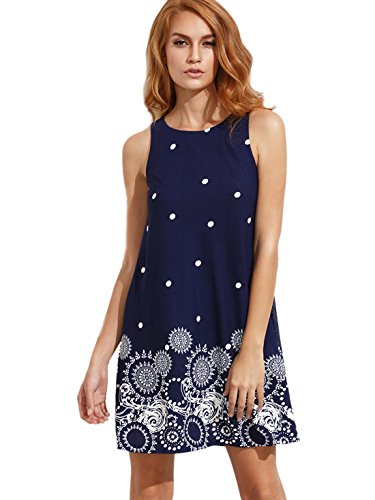 Romwe Women s Summer Sundress Floral Printed Sleeveless Casual A Line Dress Navy S