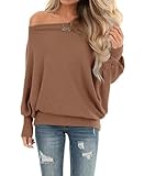 Lacozy Women's Off The Shoulder Tops Waffle Knit Oversized Sweatshirt Long Sleeve Tunic Shirts Pullover Sweaters Coffee S