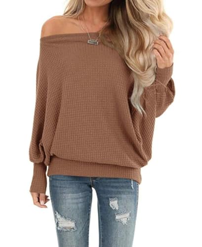 Lacozy Women's Off The Shoulder Tops Waffle Knit Oversized Sweatshirt Long Sleeve Tunic Shirts Pullover Sweaters Coffee S