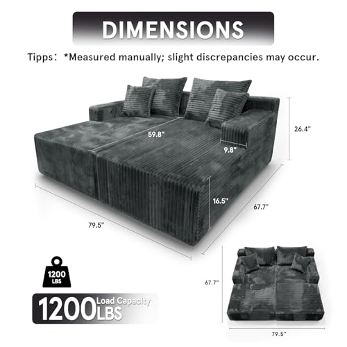 Image of Sytopia Loveseat Chaise Lounge with Armrests, Oversized Sofa Bed with 4 Pillows, Cozy Boneless Sleeper, Modular Sectional Couch for Living Room Bedroom, Floor Chair Furniture sala Corduroy