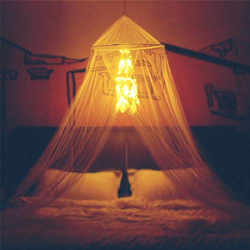 Bed Canopy with Double Circle White Feather Dream Catcher and 50 LED Fairy String Lights, Mosquito...
