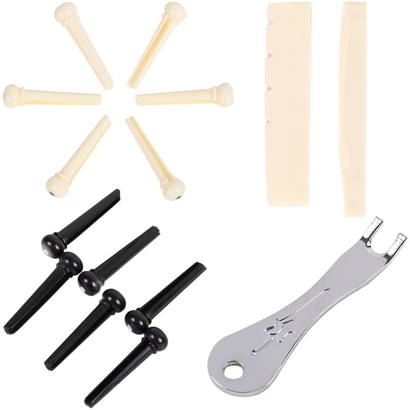 15Pcs Guitar Bridge Pin Remover & Bridge Pin, Nut Set - Musical Instrument Accessories (Bridge Pins + Metal Pin Remover + Nut)