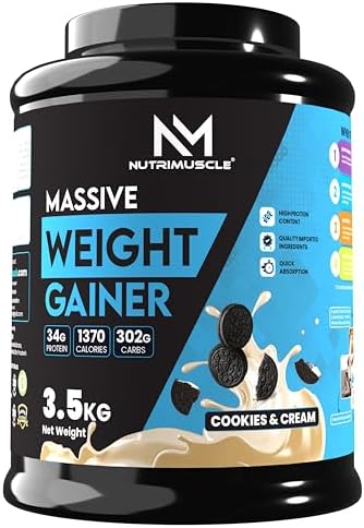 Nutrimuscle® Massive Weight Gainer for Men & Women, 3.5 Kg – Cookies & Cream Flavour | High Calorie Formula with Complex Carbohydrates & Protein for Healthy Weight Gain
