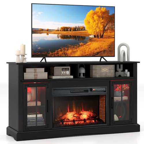GOFLAME Fireplace TV Stand with Remote Controls and Thermostat, LED Light Entertainment Center with Storage Cabinets and Adjustable Shelves, Media Console Table for TVs Up to 65”, Black