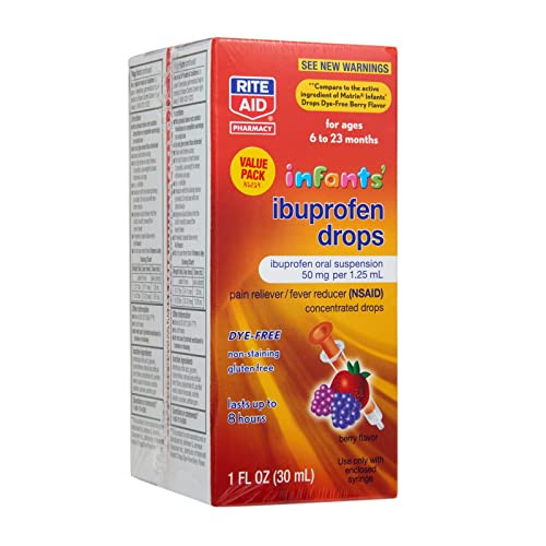 Image of Rite Aid Infants' Dye-Free Ibuprofen Drops, Berry Flavor, 50 mg - 2 Value Pack | Infant Pain Reliever | for Babies Ages 6 to 23 Months | Oral Suspension 50 mg per 1.25 mL | Gluten Free
