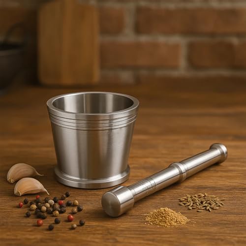 Image of Heavy Duty Stainless Steel Mortar and Pestle Set, Manual Grinding Crusher for Masala Herbs and Spices, Rust Resistant, 2 Piece