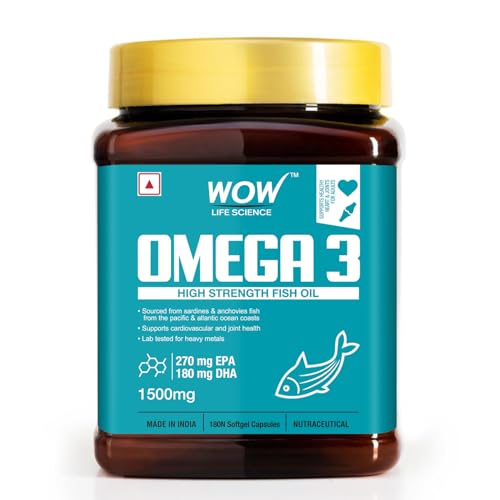 Image of WOW Life Science Omega 3 Fish Oil Capsules | Regular Strength 1500 mg with 270 mg EPA and 180 mg DHA | For Heart, Joints, Eye and Brain Health | 180 Capsules