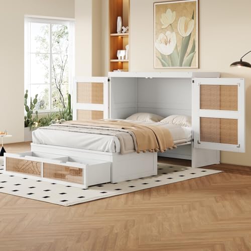 KOMHTOM Lit Escamotable en Bois avec Tiroir de Rangement, Rotin Design, Lit Plateforme Peut être Transformé en Armoire, Cadre de lit(sans Matelas) (140 x...