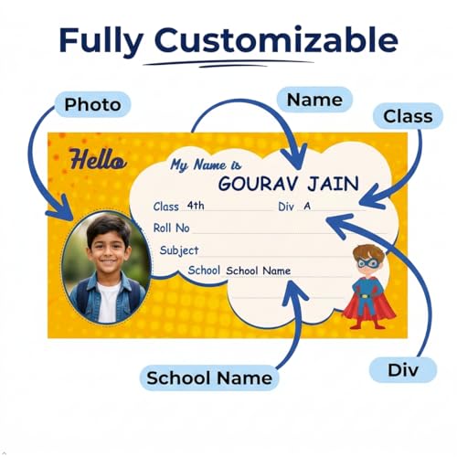 Image of Personalized Name Labels for Kids | Custom Photo Name Stickers for School Books, Notebooks | Waterproof Self Adhesive Book Labels (30 Pcs) | Name, Class, Div, School | 3.5 x 2 Inch (BDS-2)