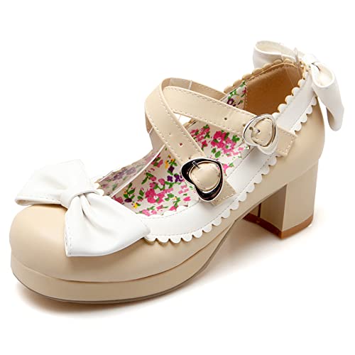Mary Janes beige à talon carré et bout rond Lizoleor pour femme en taille 36