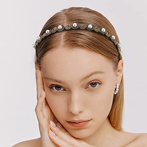 Naihod 3 Pcs Pearls Rhinestones Thin Headbands For Women Girls Luxury Vintage Hair Bands For Women's Hair With Cloth Wrapped Metal Hair Hoop Baroque Headpiece Elastic Head Bands #TOP4
