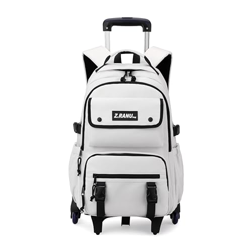 ZHANAO Mochila com rodinhas de cor sólida para meninos, mochila escolar para estudantes do ensino médio, mochilas de livros para meninos do ensino fundamental, Branco - 6 rodas, 6 Wheels