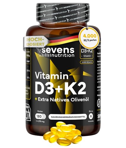 Vitamin D3 K2 4000 IE + MK7 - Hochdosiert mit 200 g Vitamin K2 - Mit Nativem Olivenöl für Optimale Aufnahme - 180 Kapseln Sevens