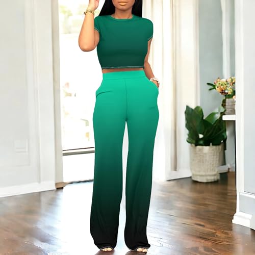 Qumaesl Conjunto de duas peças de verão feminino, manga curta, umbigo, calça larga, casual, golfe, p