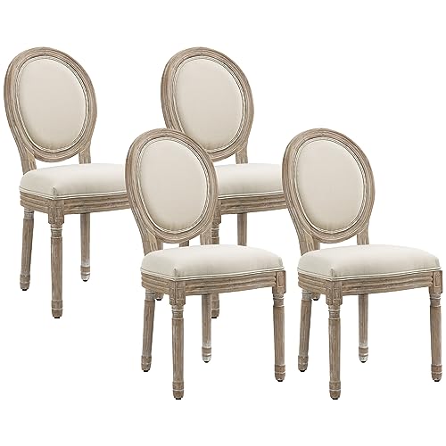 HOMCOM Lot de 4 chaises de Salle à Manger - Chaise de Salon médaillon Style Louis XVI - Bois Massif sculpté, patiné - Aspect Lin Beige