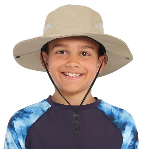 Kids Boys Summer Sun Hat - Wide Brim Sun Protection Outdoor Bucket Hat Safari Beach Hat for Boys Girl Teens(for 5-9 Years), Dark Beige