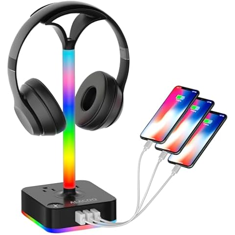 Headphone Stand RGB with USB Charger Gaming Headset Holder Hanger with 3USB Charging Ports Charging Station and 2 Prong AC Outlet Power Strips 8 RGB Light Modes for Table PC All Earphone Accessories Cover