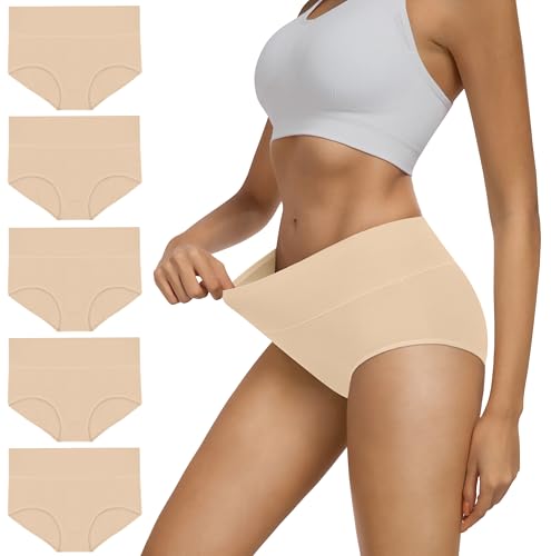 MIRITY Women's High Waist Cotton Underwear - Soft Full Coverage Briefs with Double-Layer Waistedband 5Pack Skin