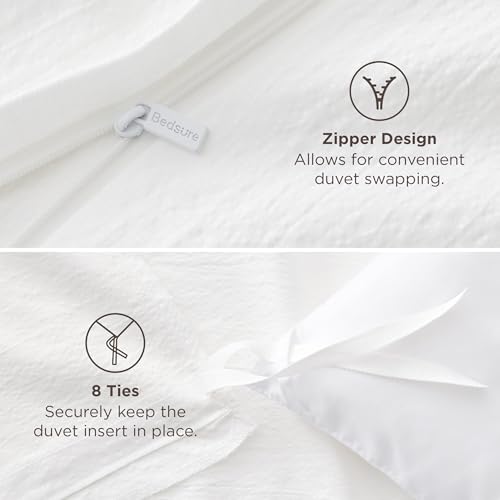 Image of Bedsure Textured Duvet Cover Queen Size - Cotton-Like Polyester Jacquard Duvet Cover Set for All Seasons - 3 Pieces Ultra Soft Bedding Set with 2 Pillow Shams, NO Comforter (White, Queen, 90 inchx90 inch)