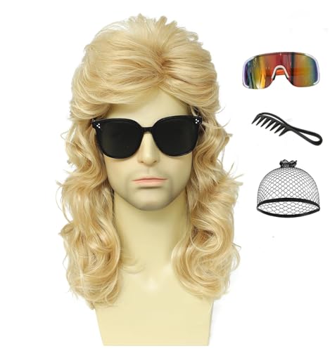 Men's 80s Curly Mullet Wig Set, Retro Rocker Costume for Halloween Party &amp; Cosplay (Light Blonde)