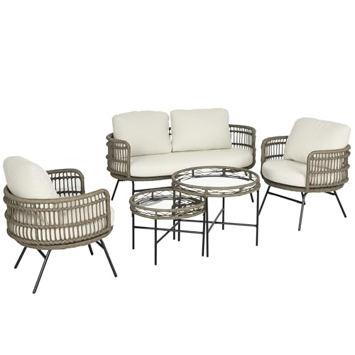 Outsunny Gartenmöbel-Set, 5 TLG. Rattan Sitzgarnitur mit Kissen,...