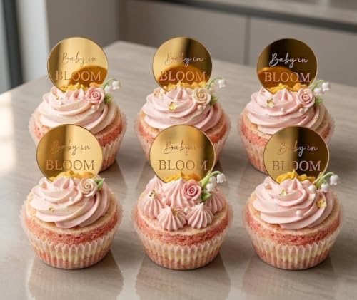 20pcs Baby Shower Cupcake Toppers & Cake Charms,Gold"Baby in Bloom" Reusable Mirror Acrylic Engraved,2" Discs for Botanical Garden Theme Party Decor, Expecting Parents by Yuxuanish - Used condition - Image 4