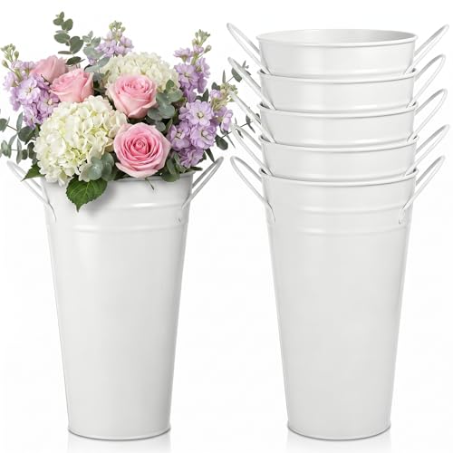 Oqqlin 6 Pcs 10 Inch Galvanized Flower Bucket, Metal Flowers Vases with Handles White Vintage French Farmhouse Flower Holder for Cut Flowers, Wedding, Table Centerpiece Decor