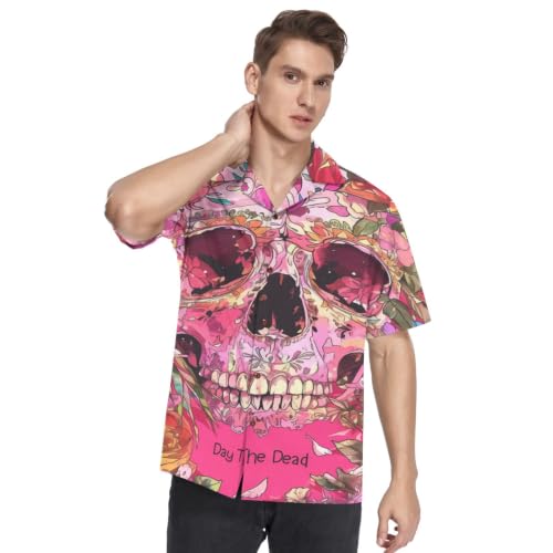 Chemise Hawaïenne Homme avec Imprimé Artistique de Crânes Roses et Fleurs Style Funky Boutonné