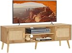 FIONESO Rattan TV Stand for 60 Inch TV, TV Bench, Entertainment Center TV Console with 2 Cabinets & Shelf, Media Console,TV Cabinet for Living Room, Natural+Rattan