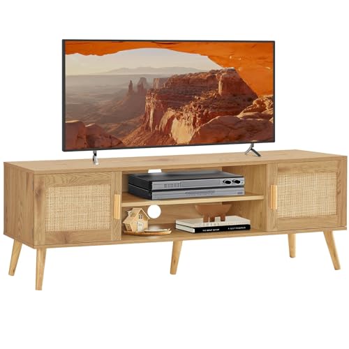 FIONESO Rattan TV Stand for 55 Inch TV, TV Bench, Entertainment Center TV Console with 2 Cabinets & Shelf, Media Console, Rattan Cabinet for Living Room, Natural by FIONESO - Used condition - CA$131.58