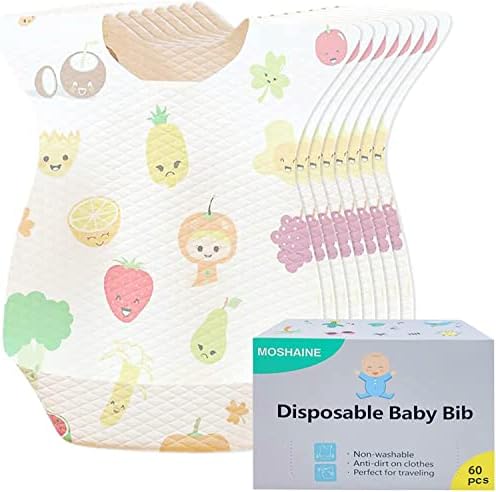 MOSHAINE Disposable Bibs 60 PCS Baby Bib Waterproof for Toddlers with Food Catcher Pocket and Adjustable Fastener Feeding Bib Suitable Kids for Feeding,Traveling,Outdoor Use